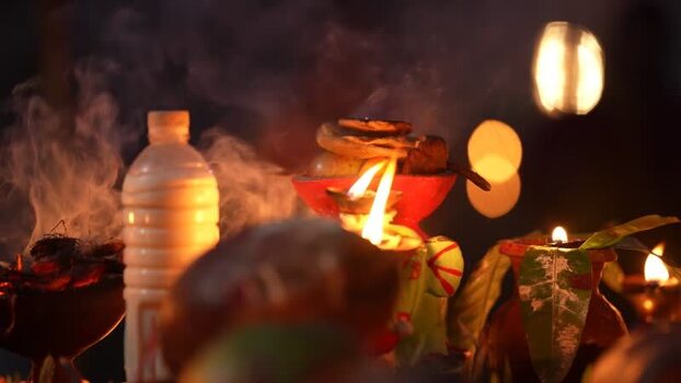 View of traditional Hindu ritual offerings and oil lamps Bangladesh. View of traditional Hindu ritual offerings and oil lamps Bangladesh.