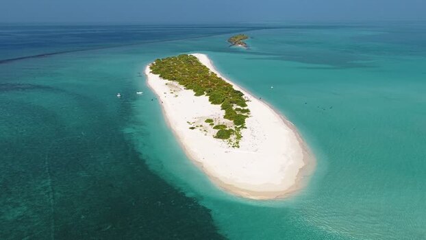 Aerial view of a tropical sandbank in the turquoise sea Maldives.