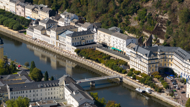 Aerial view of the historic Kurhaus and spa buildings along the Lahn river in Bad Ems Rhineland Palatinate Germany. Aerial view of the historic Kurhaus and spa buildings along the Lahn river in Bad Ems Rhineland Palatinate Germany.