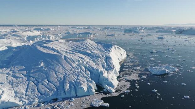 Aerial view of Ilulissat glacier and floating ice Greenland.