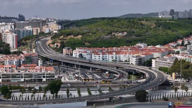 Aerial view of highway interchange in Alges Portugal.