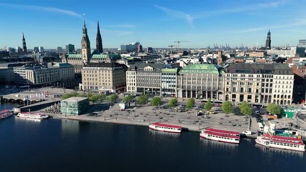 Aerial view of Binnenalster with tour boats and the city hall tower Germany. Aerial view of Binnenalster with tour boats and the city hall tower Germany.