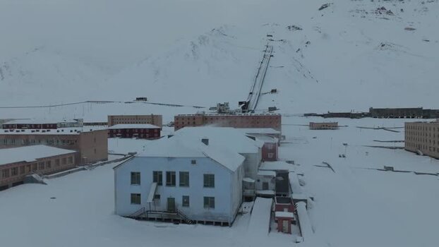 Aerial view of Pyramiden in the arctic landscape of Svalbard and Jan Mayen.