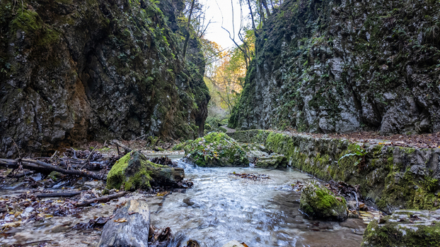 View of Gola dell Infernaccio gorge with a flowing stream mossy rocks and steep rocky walls Montefortino Marche Italy. View of Gola dell Infernaccio gorge with a flowing stream mossy rocks and steep rocky walls Montefortino Marche Italy.