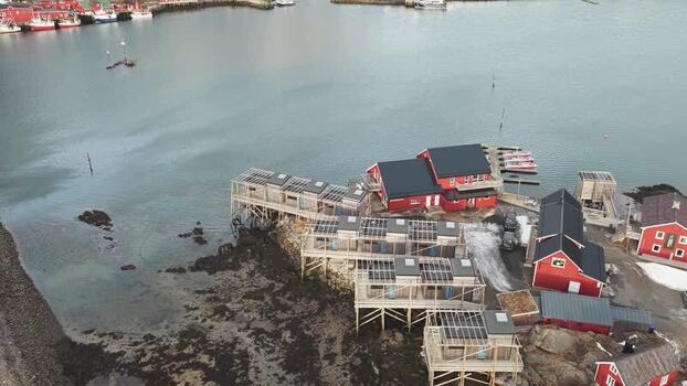 Aerial view of red houses and harbor Norway.