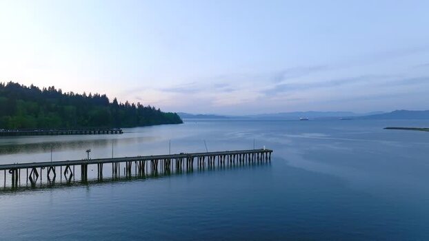 Aerial view of Columbia River pier in Astoria United States.