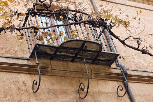 Salamanca Spain 29 November 2025 View of an ornate wrought iron balcony on a historic stone facade with climbing vines and autumn leaves.