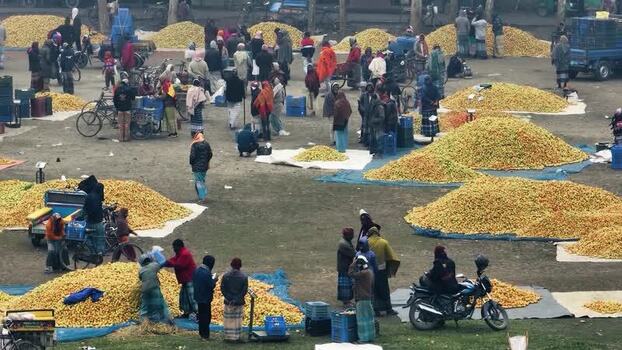 Aerial view of a busy produce market in Bogura Bangladesh.