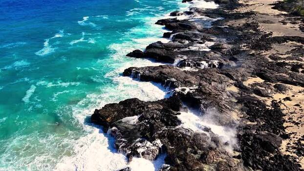 Aerial view of Kalaemamo rocky coastline in Hawaii United States.