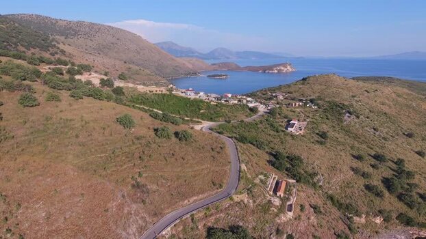 Aerial view of the coastal road in Porto Palermo Albania.