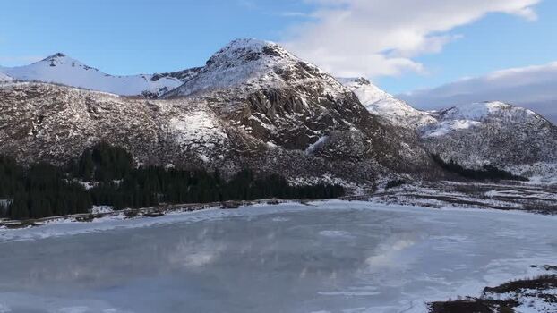 Aerial view of Lofoten mountains Norway.