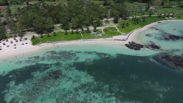 Aerial view of Belle Mare Beach in Quatre Cocos Mauritius.