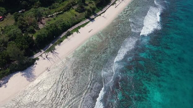 Aerial view of Anse Reunion beach and coastline Seychelles.