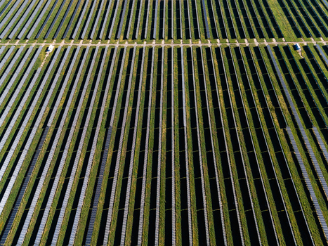 Aerial view of Limondale Solar Farm with rows of photovoltaic panels arranged in a grid pattern across a green field in Balranald New South Wales Australia. Aerial view of Limondale Solar Farm with rows of photovoltaic panels arranged in a grid pattern across a green field in Balranald New South Wales Australia.