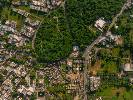 Aerial view of the historic Ahar Cenotaphs surrounded by dense trees and urban development in Udaipur Rajasthan India.