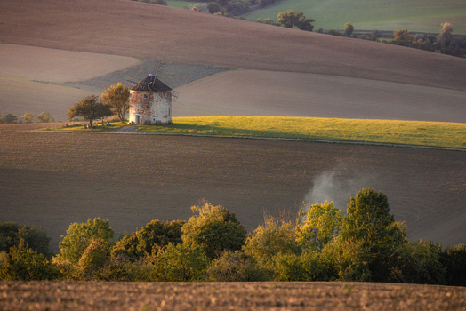 View of the historic Windmill Kunkovice standing on a grassy hill surrounded by rolling agricultural fields during golden hour in Kunkovice Zlin Region Czechia. View of the historic Windmill Kunkovice standing on a grassy hill surrounded by rolling agricultural fields during golden hour in Kunkovice Zlin Region Czechia.