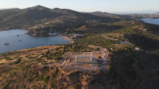 Aerial view of the Temple of Poseidon at Cape Sounion Greece.