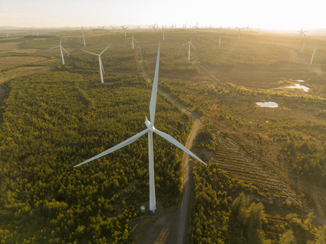 Aerial view of wind turbines at Eaglesham moor with a winding road through dense forests and small ponds under golden sunset light Kilmarnock Scotland United Kingdom.