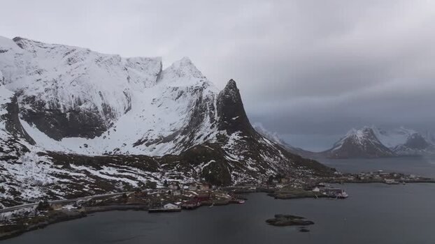 Aerial view of Lofoten mountains and coastline in Norway.