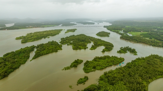 Aerial view of the Sharavathi River flowing through lush green islands and mangroves under a cloudy sky in Honnavar Karnataka India.
