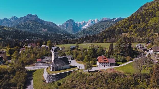 Aerial view of a mountain church and village Italy. Aerial view of a mountain church and village Italy.