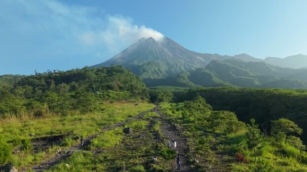 Aerial view of Bunker Kaliadem Merapi and Mount Merapi Indonesia.