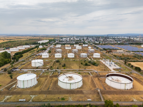 Aerial view of MOL Danube oil refinery tanks and pipelines in Hungary site Aerial view of MOL Danube oil refinery tanks and pipelines in Hungary site