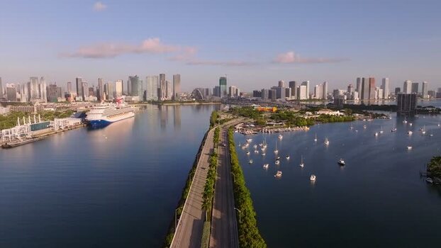 Aerial view of MacArthur Causeway and cityscape United States.