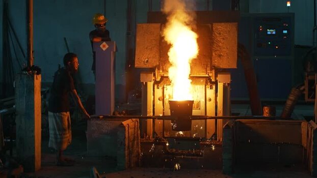 View of workers processing molten metal in a foundry Bangladesh.