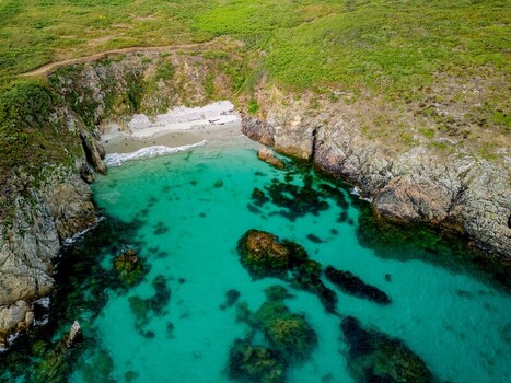 FRANCE. BRITTANY. FINISTERE 29 AERIAL VIEW OF PORZ ARLAN BEACH ILE D OUESSANT OUESSANT ISLAND