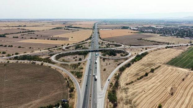 Aerial view of Trakiya Highway interchange in Bulgaria.