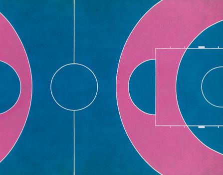 Aerial view of the colorful basketball court at Bentworth Open Space with vibrant blue and pink surfaces and white court markings in London England United Kingdom. Aerial view of the colorful basketball court at Bentworth Open Space with vibrant blue and pink surfaces and white court markings in London England United Kingdom.