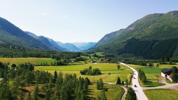 Aerial view of Klakegg valley and winding road Norway.