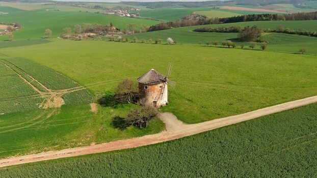 Aerial view of historic windmill in South Moravian Region Czechia.