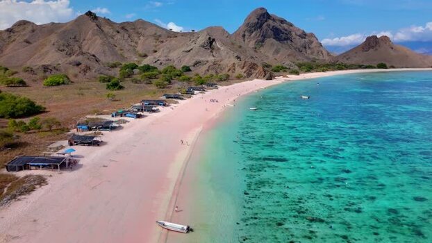 Aerial view of Pink Beach and turquoise waters Indonesia. Aerial view of Pink Beach and turquoise waters Indonesia.