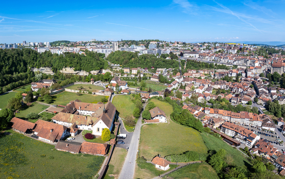 Aerial view of the historic Maigrauge Abbey and old town rooftops surrounded by lush greenery and modern urban architecture under a clear blue sky Fribourg Fribourg Switzerland.