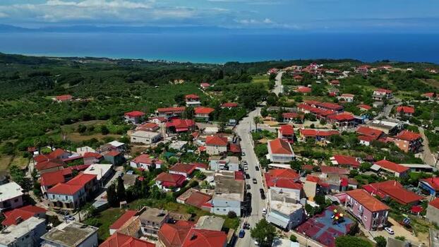 Aerial view of a coastal village in Greece.