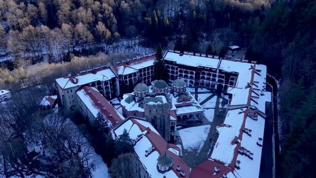 Aerial view of Rila Monastery in winter Bulgaria.