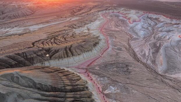 Aerial view of the unique geological layers of Mount Bokty Kazakhstan. Aerial view of the unique geological layers of Mount Bokty Kazakhstan.
