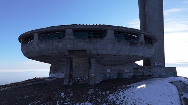 Aerial view of the abandoned Buzludzha Monument Bulgaria.