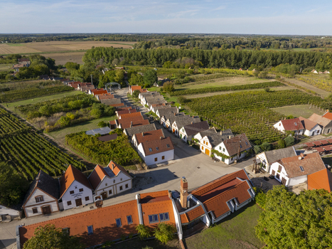 Aerial view of Hajos pincefalu a historic wine village with traditional white buildings red tiled roofs and surrounding vineyards in Hajos Hungary. Aerial view of Hajos pincefalu a historic wine village with traditional white buildings red tiled roofs and surrounding vineyards in Hajos Hungary.