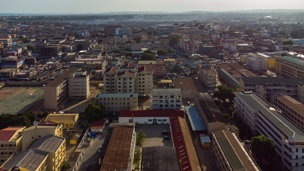 Aerial view of Accra Technical University campus buildings surrounded by the dense urban landscape of Accra Greater Accra Region Ghana. Aerial view of Accra Technical University campus buildings surrounded by the dense urban landscape of Accra Greater Accra Region Ghana.