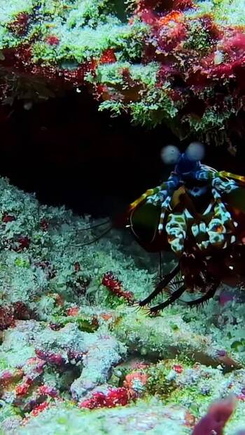 View of a peacock mantis shrimp on a coral reef in Indonesia. View of a peacock mantis shrimp on a coral reef in Indonesia.