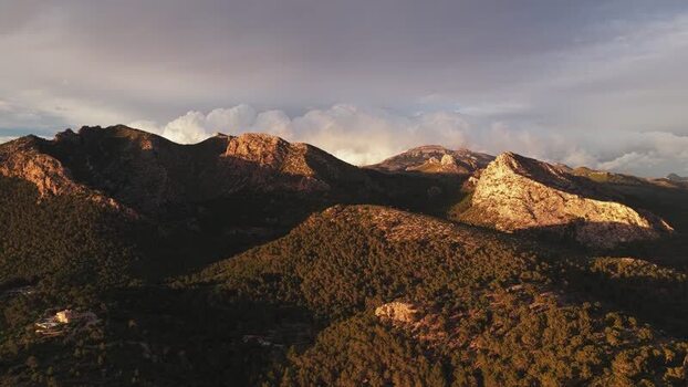 Aerial view of rocky mountains at sunset Spain.