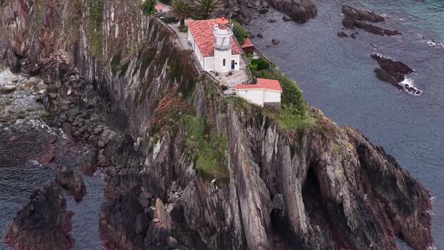 Aerial view of the Cudillero Lighthouse on a rocky cliff Spain. Aerial view of the Cudillero Lighthouse on a rocky cliff Spain.
