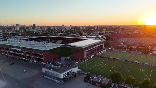 Aerial view of Millerntor Stadion at sunset in Hamburg Germany. Aerial view of Millerntor Stadion at sunset in Hamburg Germany.