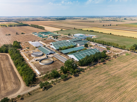 Aerial view of cattle farm barns and silos near Hajduboszormeny in summer Aerial view of cattle farm barns and silos near Hajduboszormeny in summer
