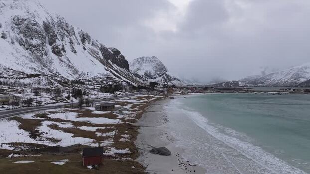 Aerial view of Lofoten mountains and coastline Norway.