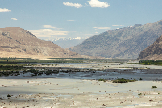 View of the braided river channels of the Shyok River flowing through the arid mountain landscape near Charasa Gonpa in the Nubra Valley Charasa Ladakh India.
