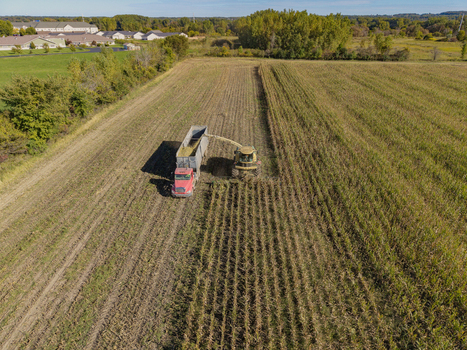 Green Bay Wisconsin United States 25 September 2026 Aerial view of a combine harvester chopping corn for silage and loading it into a trailer in a large agricultural field.
